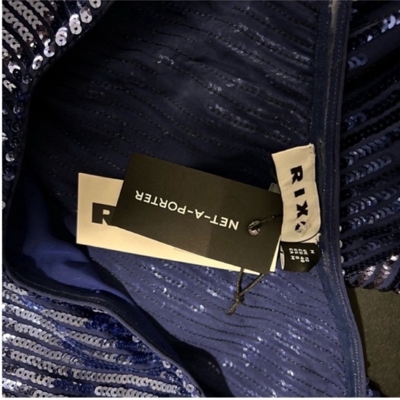 RIXO London Bradshaw Sequin beaded Dress One Sleeve Ombre Blue Metallic 8 NWT - Picture 6 of 11